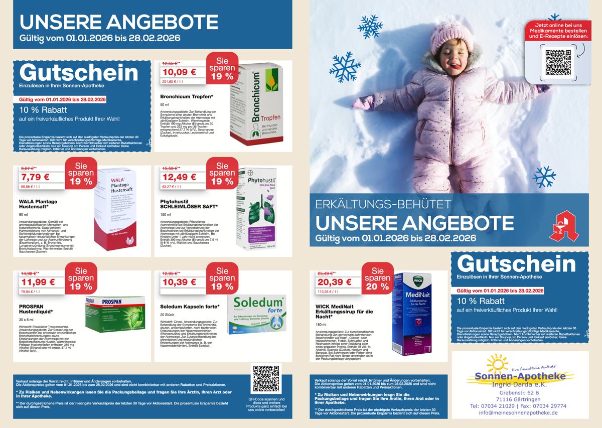 Angebotsübersicht der Sonnen-Apotheke Gärtringen mit Winter-Aktionspreisen für Erkältungsmedikamente, Rabatt-Gutscheinen sowie QR-Code zur Online-Vorbestellung über die Apotheke